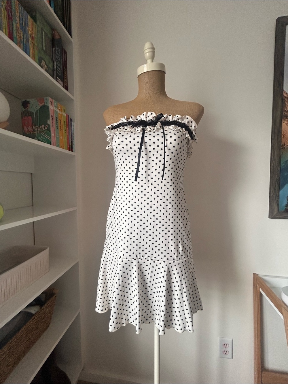 Strapless Polka Dot Ruffle Dress - White with Black Dots